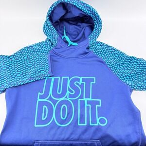 Nike Sweatshirt Just Do It Blue Hoodie Sz Medium Spell Out Logo Therma Fit